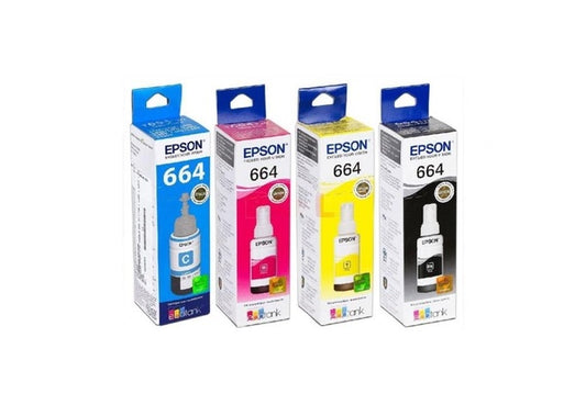 Juego de Tinta Epson 664 (4 colores) Compatible con Impresora: L120, L210, L220, L310, L355, L365, L380, L395, L455, L475, L555, L565, L575, L1300 y L1455