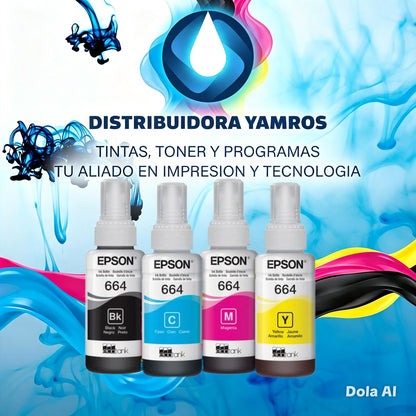 Juego de Tinta Epson 664 (4 colores) Compatible con Impresora: L120, L210, L220, L310, L355, L365, L380, L395, L455, L475, L555, L565, L575, L1300 y L1455