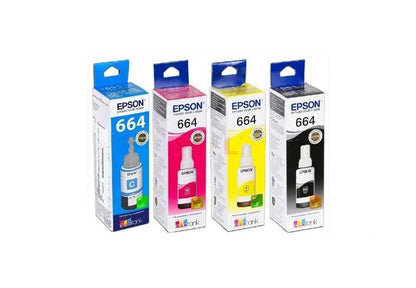 Juego de Tinta Epson 664 (4 colores) Compatible con Impresora: L120, L210, L220, L310, L355, L365, L380, L395, L455, L475, L555, L565, L575, L1300 y L1455